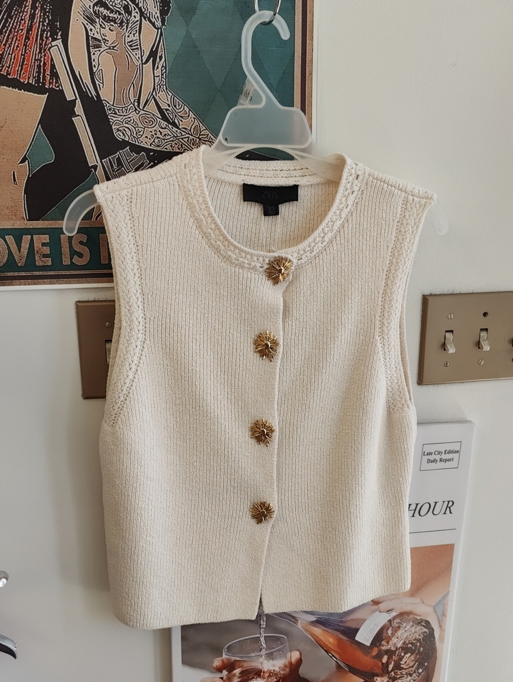 Zara Cream Sleeveless Knit Vest with Gold Flower Buttons